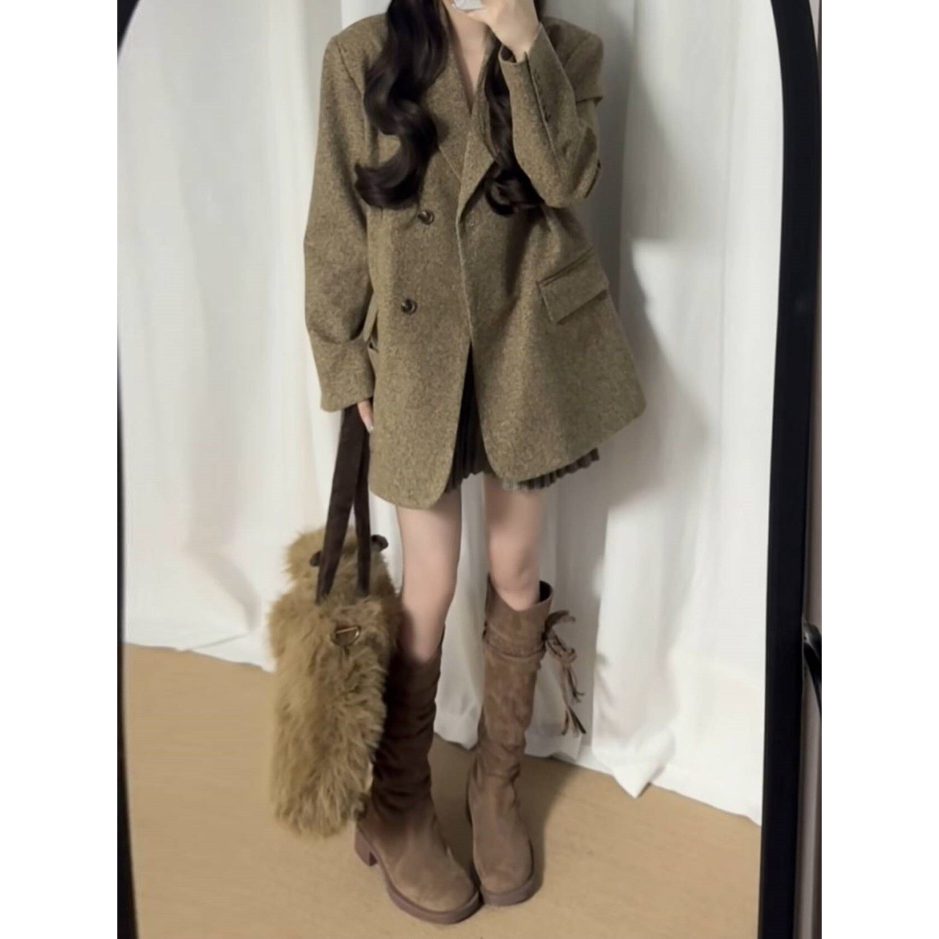 冬季老钱风羊毛呢小西装外套女高级感气质小个子覆古宽松休闲大衣