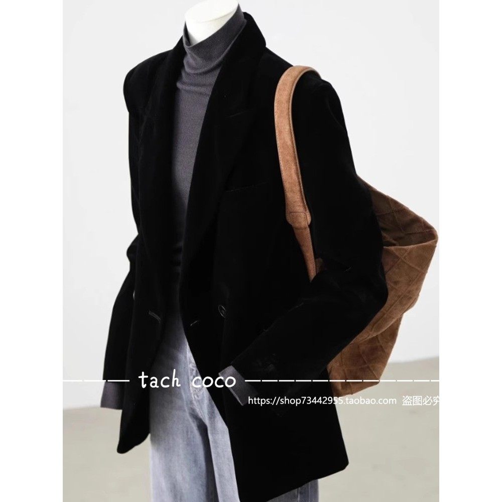 Tach Coco法式覆古百搭西装领通勤上衣女2025秋冬季西装丝绒外套