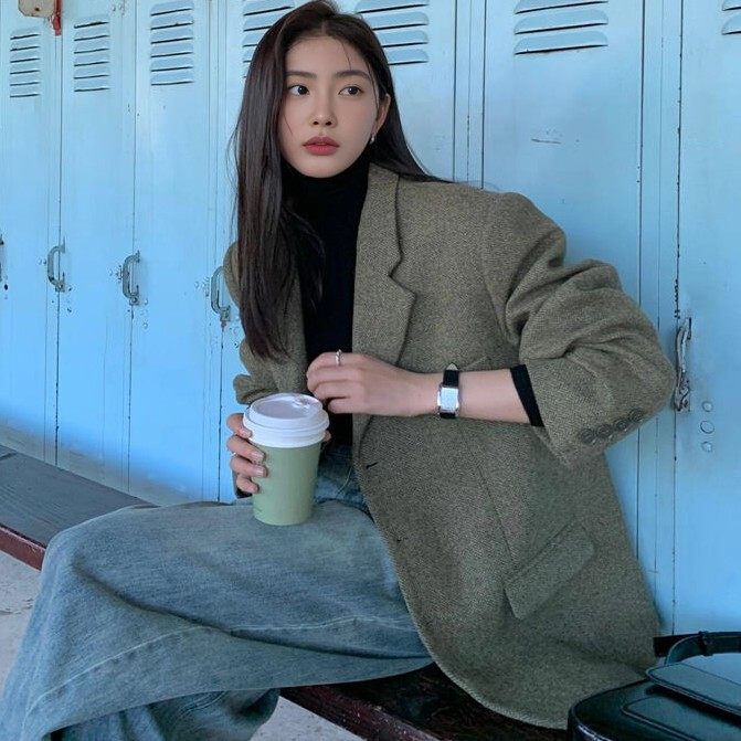 韩版人字纹羊毛呢夹棉小西装外套女2025秋冬季复古休闲高级西服