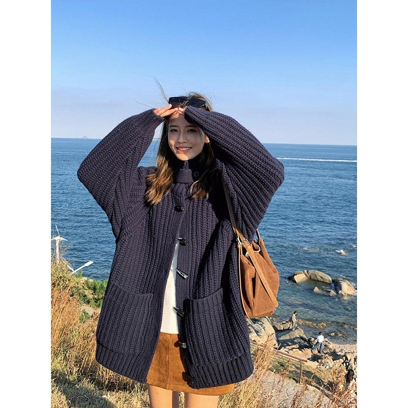日本代购藏青色覆古牛角扣针织开衫秋冬中长款高领chic毛衣外套女,女装/女士精品,常规大码外套,淘宝优惠券,粉丝福利购,淘宝优惠卷