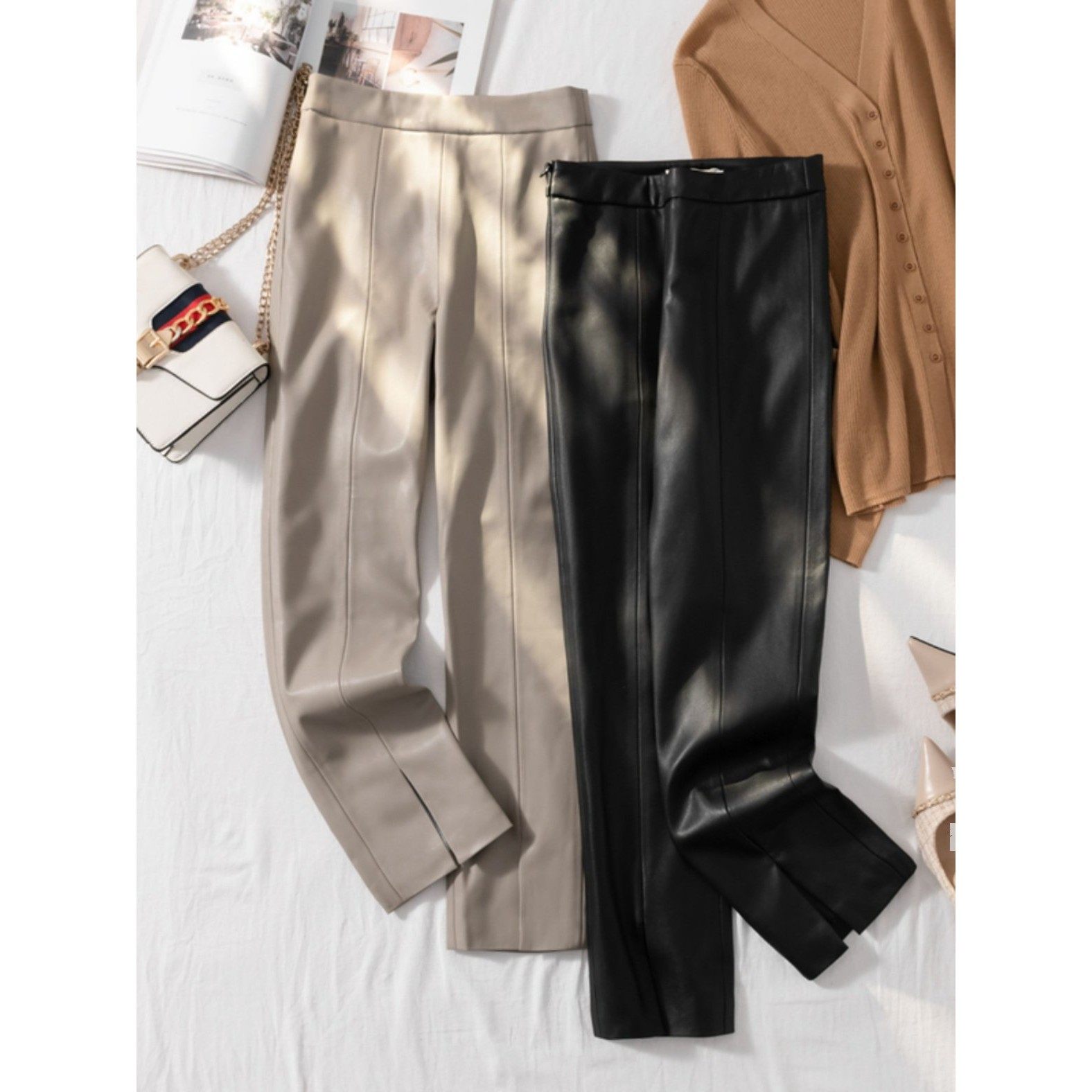 真皮皮裤绵羊皮2025年秋季新款开叉皮裤女修身显瘦休闲打底微喇叭,女装/女士精品,休闲裤,淘宝优惠券,粉丝福利购,淘宝优惠卷