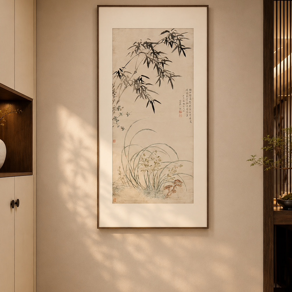 宋代美学新中式花鸟山水国画挂画客厅玄关装饰画茶室书房竖版壁画