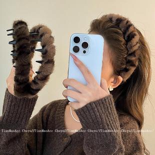 豹纹毛绒发箍女款 秋冬发卡百搭头饰 洗脸高颅顶头箍高级感洋气时尚