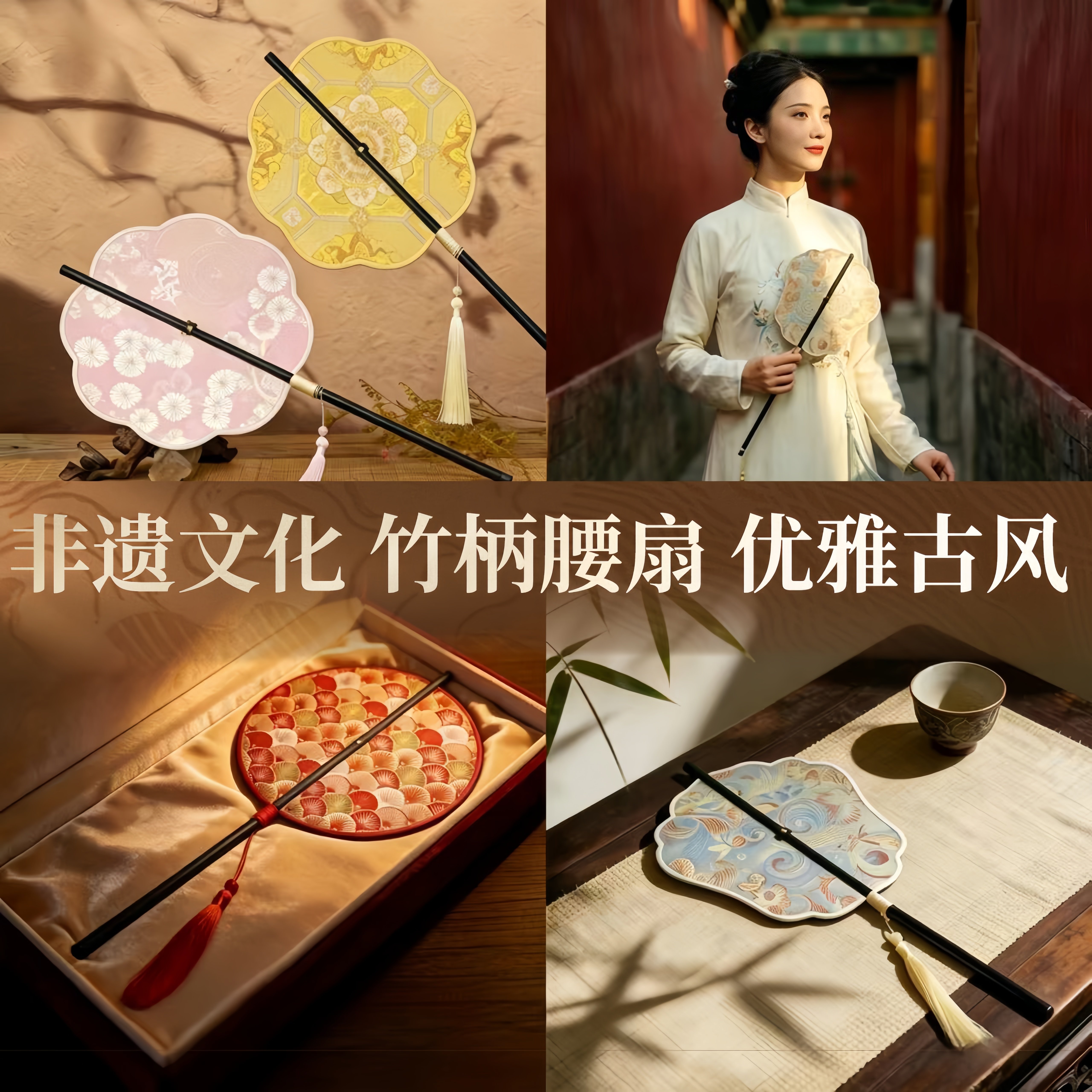 长柄腰扇非遗宋锦竹帘扇可旋转
