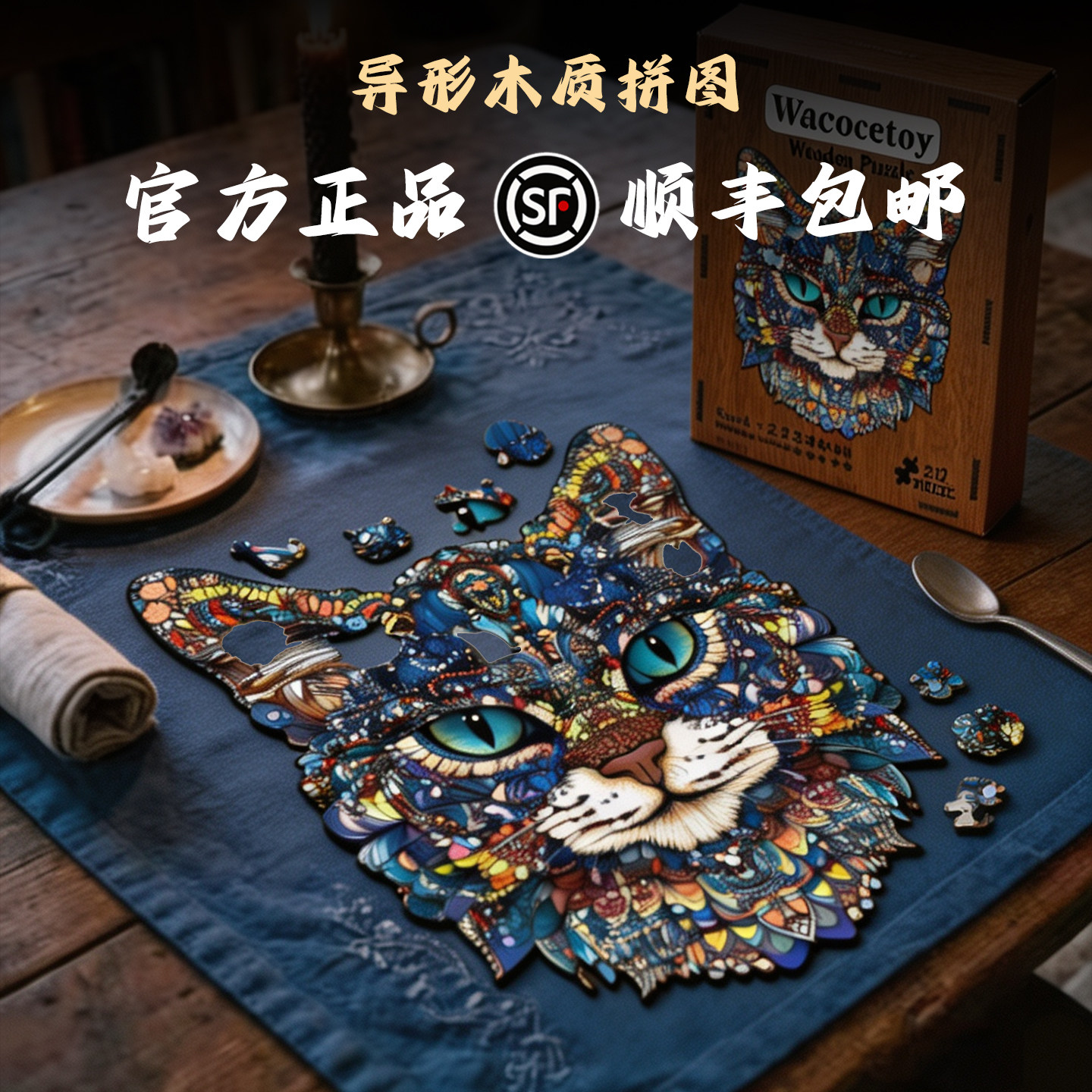 顺丰包邮奇幻蓝瞳猫异形木质拼图原创设计玩具装饰画疗愈手工礼物