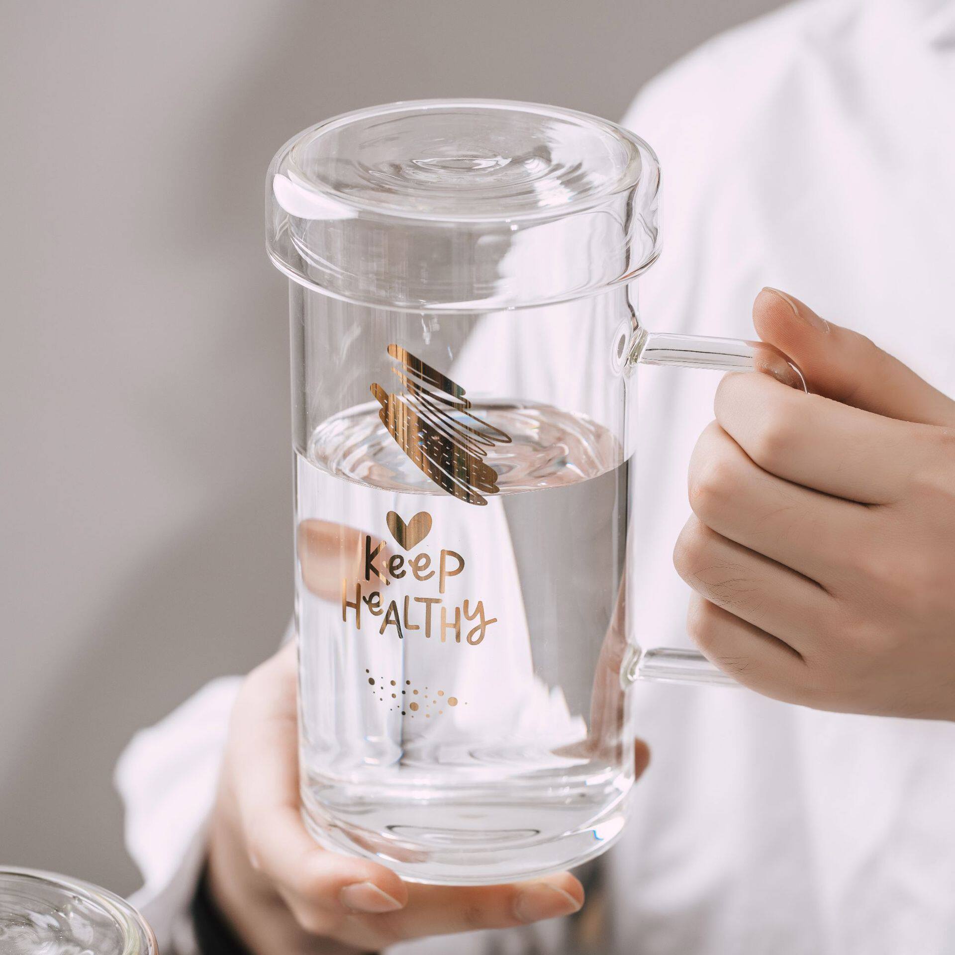 玻璃大容量啤酒杯ins风带盖耐热咖啡杯简约印花带手柄家用奶茶杯