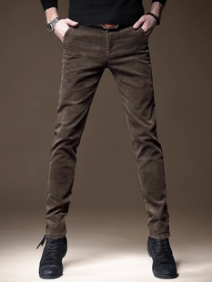 小脚弹力条绒长裤 男修身 男春秋 商务高端加绒灯芯绒休闲裤 香港冬季