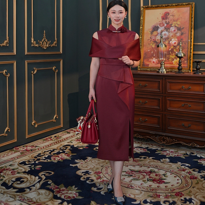 喜妈妈酒红中式婚宴敬酒晚礼服