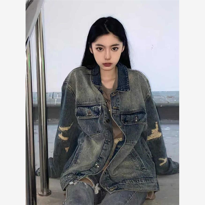 BN复古破洞牛仔外套女年春秋新款港味做旧水洗宽松百搭夹克上衣