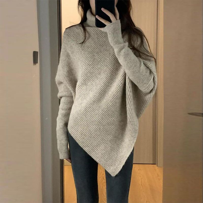 BN新款韩版宽松慵懒风软糯针织上衣加厚不规则高领纯色毛衣女秋