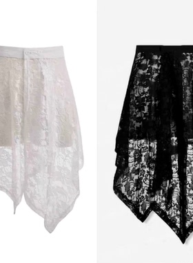 韩式四季百搭黑色白色蕾丝休闲不规则下摆广场舞遮臀屁帘半身裙