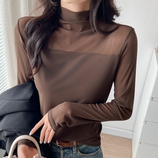 t恤性感网纱上衣 长袖 黑色半高领打底衫 秋冬网纱透明内搭洋气修身