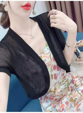 网纱短袖上衣女2025夏季新款黑色披肩吊带裙外搭开衫薄款罩衫外套