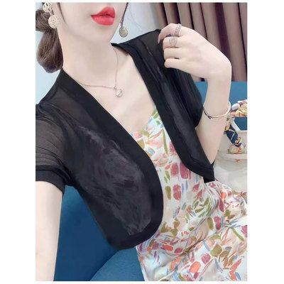 网纱短袖上衣女2025夏季新款黑色披肩吊带裙外搭开衫薄款罩衫外套