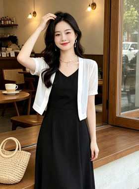 冰丝夏季开衫女短款上衣坎肩配裙子黑色白色外搭百搭短袖防晒衫