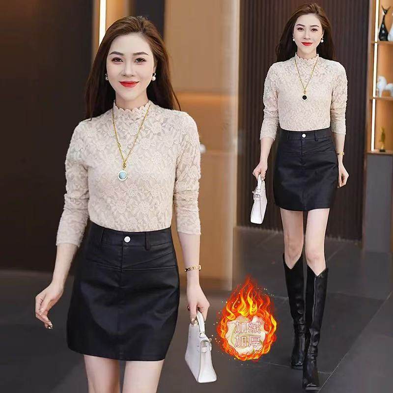 半高领加绒蕾丝打底衫女2025秋冬季新款时尚洋气修身显瘦内搭上衣