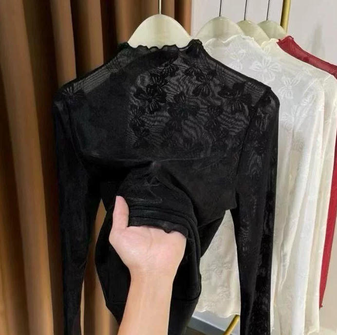 蕾丝长袖木耳边春秋修身网纱打底衫叠穿女士别致小衫洋气高贵上衣
