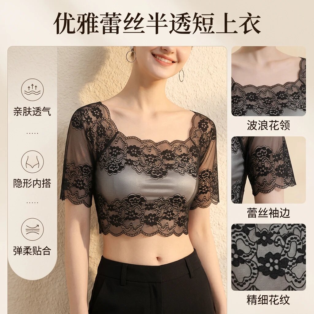 短袖T恤女防走光显瘦小衫夏季胖MM网纱低领高腰弹力大码打底内衣