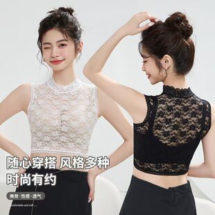 秋冬蕾丝花边假领子半高领弹力套头洋气无袖背心打底衫百搭雪纺衫
