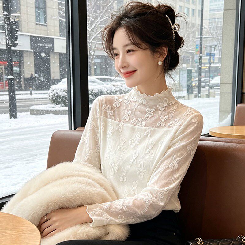 木耳边蕾丝打底衫女2026秋冬毛衣叠穿内搭小衫薄款半高领网纱上衣