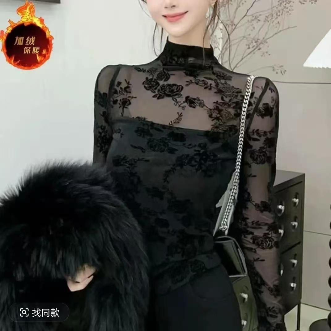 秋冬加绒欧货半高领植绒碎花蕾丝衫女性感微透长袖打底衫内搭上衣