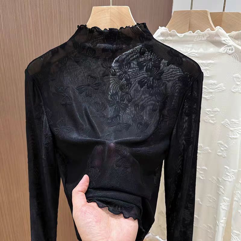 半高领木耳边网纱打底衫女爆款2026新款秋季长袖提花薄款上衣