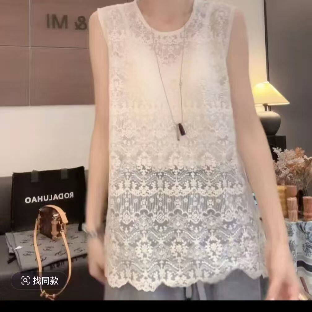 蕾丝花边下摆背心夏季外穿无袖上衣宽松加长版时尚百搭潮女蕾丝衫