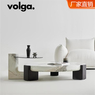 伏尔加丨意式极简大理石圆形茶几丨客厅家用设计师款高低组合茶几