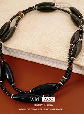 项饰小众黑色虎眼石串珠叠带项链