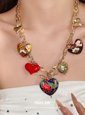 欧美褶皱项链宫廷风项饰锁骨高级感链轻奢复古爱心金属纹路喷漆女