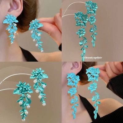 轻奢流苏高级感优雅个性珍珠耳环树叶花朵草绿耳饰女银针耳钉复古