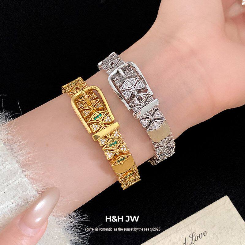 18k女拼接重工手环手饰欧美轻奢真金锆石复古电镀手链高级感时尚