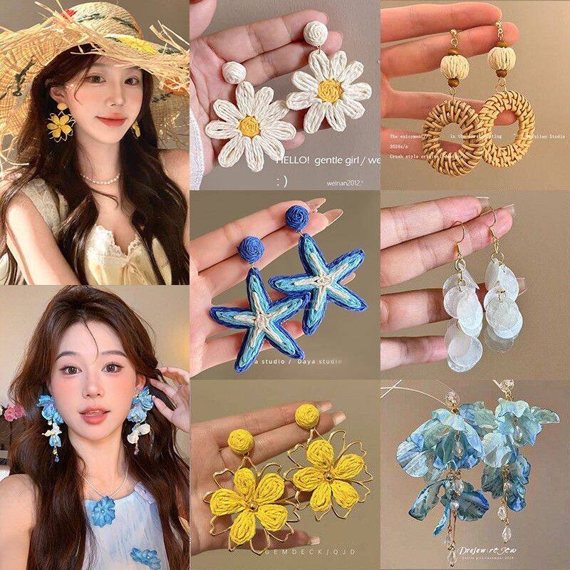 编织草拉菲度假风时尚吊坠小众耳环高级感复古设计感耳钉耳饰批发