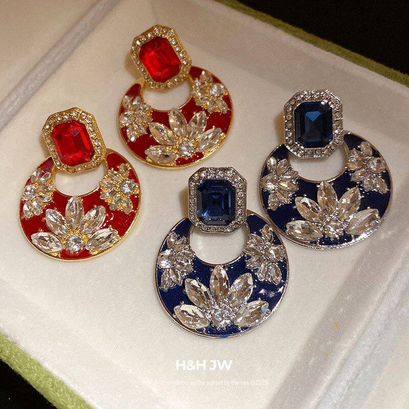 镶钻高级感中古吊坠银针耳环耳饰气质轻奢女复古vintage耳钉圆形