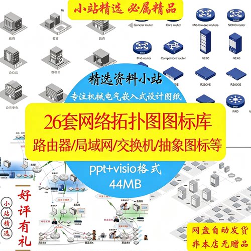 26套网络拓扑图图标库路由器局域网交换机抽象图标ppt visio格式