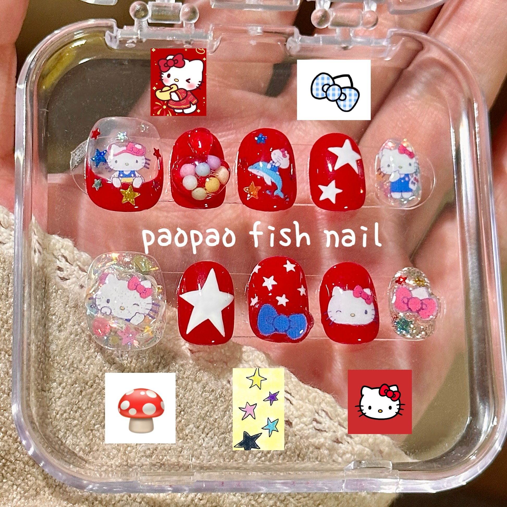 新年kitty| ins可爱红色显白卡通日系短甲纯手工定制穿戴甲美甲片,彩妆/香水/美妆工具,穿戴甲/甲片,淘宝优惠券,粉丝福利购,淘宝优惠卷