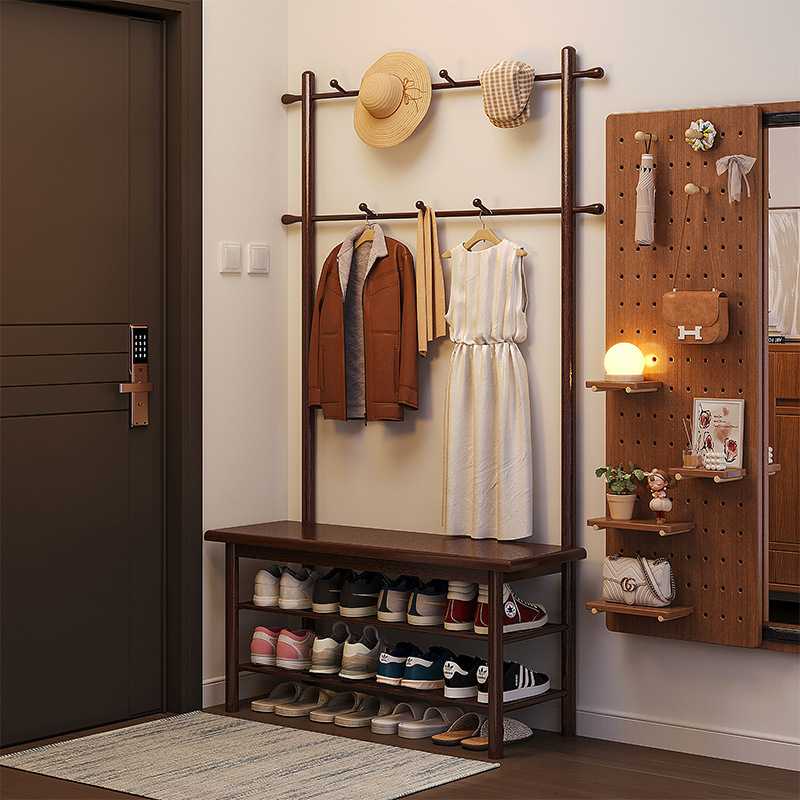 实木换鞋凳一体挂衣架入户门口玄关可坐鞋柜衣帽架家用穿鞋凳