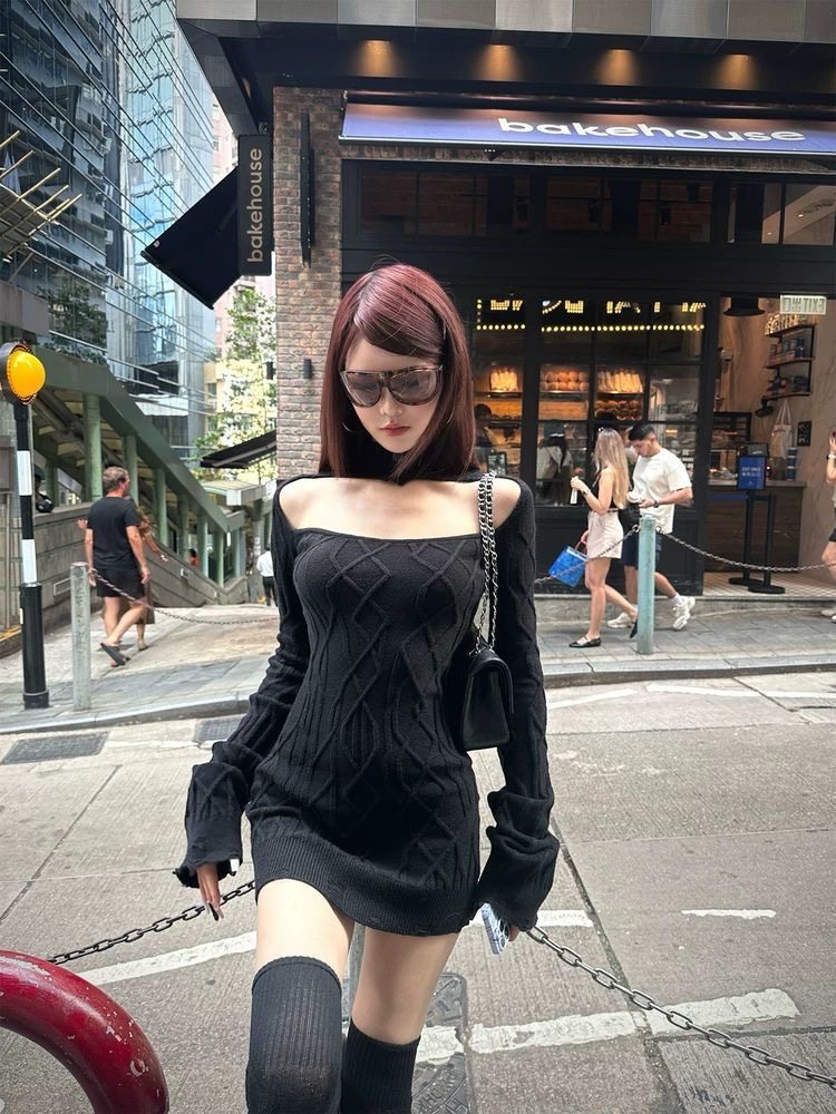 黑有染 miekevv 偷心陷阱 黑色镂空长袖连衣裙修身高弹针织包臀裙