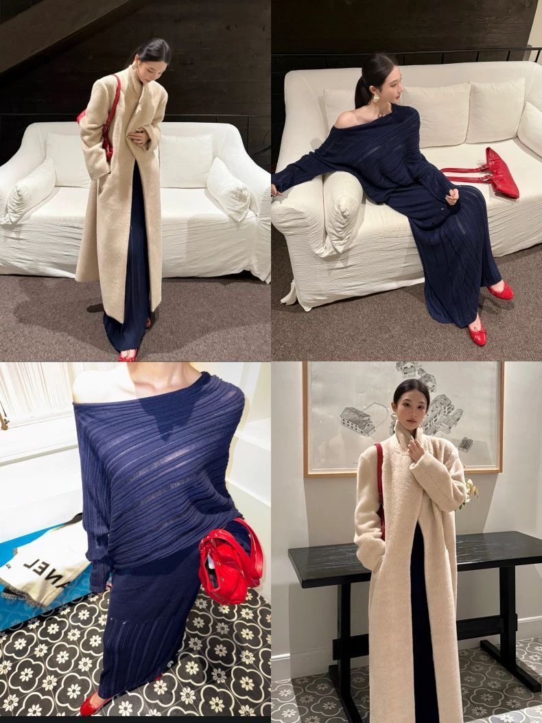 【山雾蔓】镂空一字肩上衣女冬蝙蝠袖针织衫羊毛半裙套装