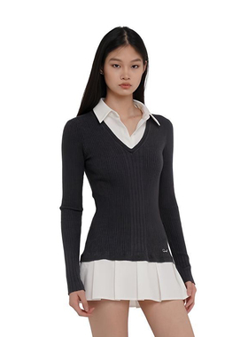 SweetChilling 毛织衬衫拼接百褶连衣裙假两件（现货秒发）