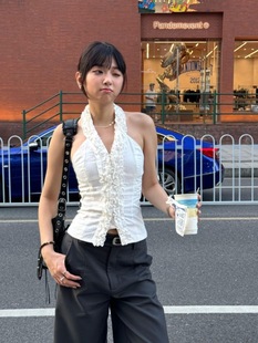 显瘦百搭上衣 法式 纯欲荷叶边挂脖无袖 吊带背心女夏季 甜美简约修身