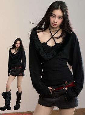 设计感假两件毛毛拼拼接打底衫女2025秋冬新款显瘦修身辣妹上衣潮