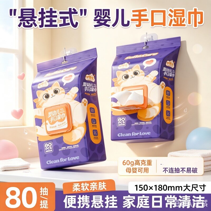[手口清洁纯水加大加厚]悬挂式婴儿湿巾150x180湿纸巾80抽柔软大