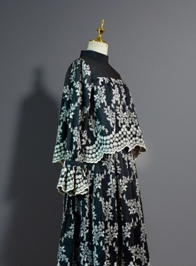 法式约会穿搭秋冬新品现货小众设计天丝棉重工黑色刺绣女士套装裙