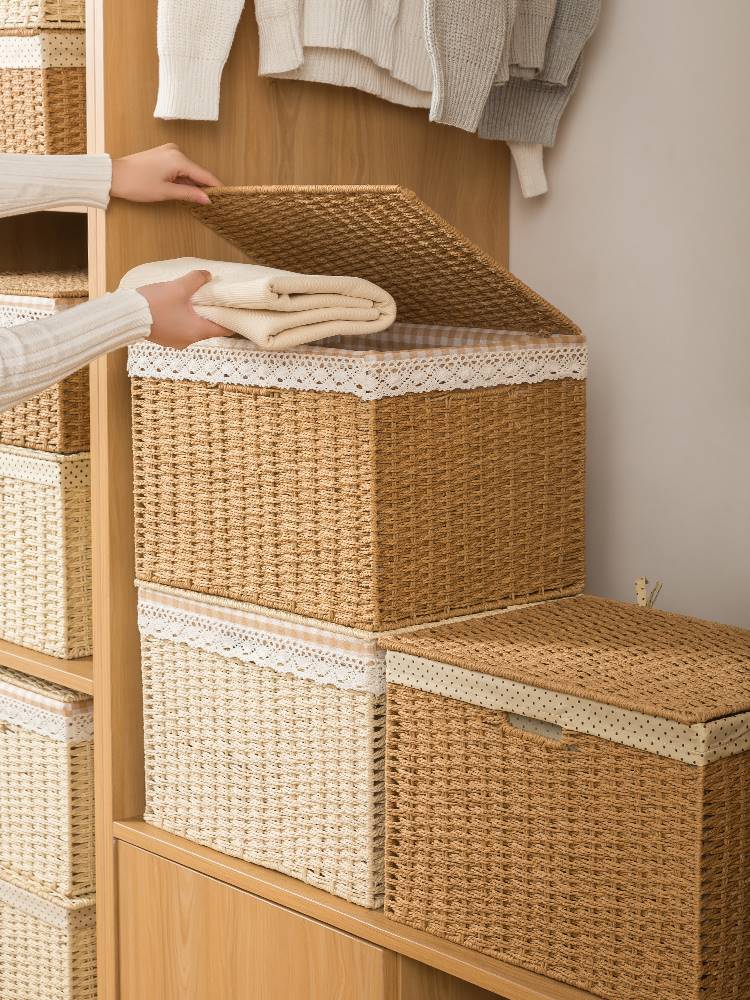 收纳盒家用带盖编织筐化妆品整理篮零食收纳箱衣服整理收纳箱子