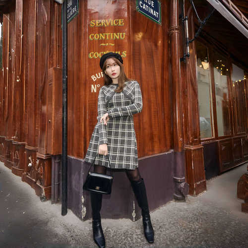 Her lip to 格纹针织迷你连衣裙 优雅设计感轻奢小众小香风