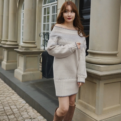 Her lip to 心形费尔岛提花迷你连衣裙 时尚气质甜美圆领优雅轻奢