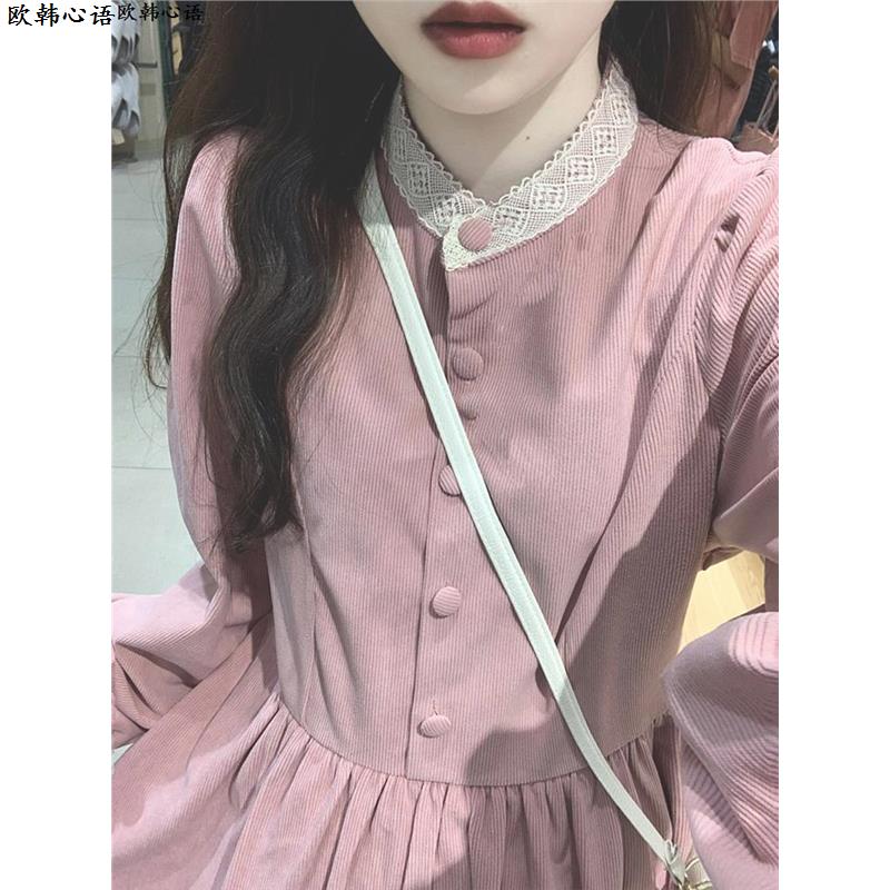 茶歇法式灯芯绒连衣裙女秋