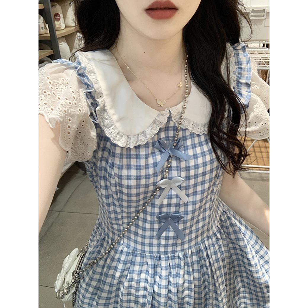 高中生小清新气质连衣裙夏2025新款少女初中学生可爱娃娃领格子裙