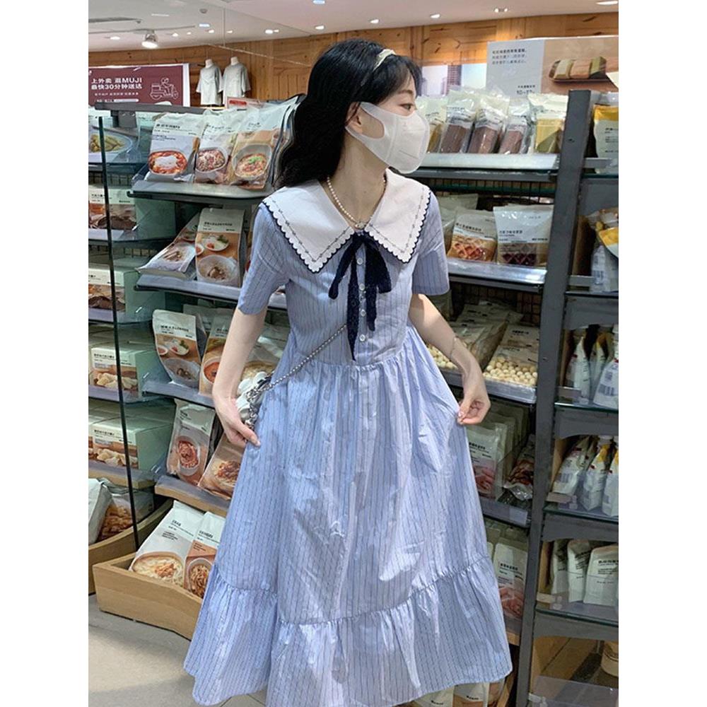 学院风条纹连衣裙少女大童夏装2025新款初中高中学生小清新长裙子